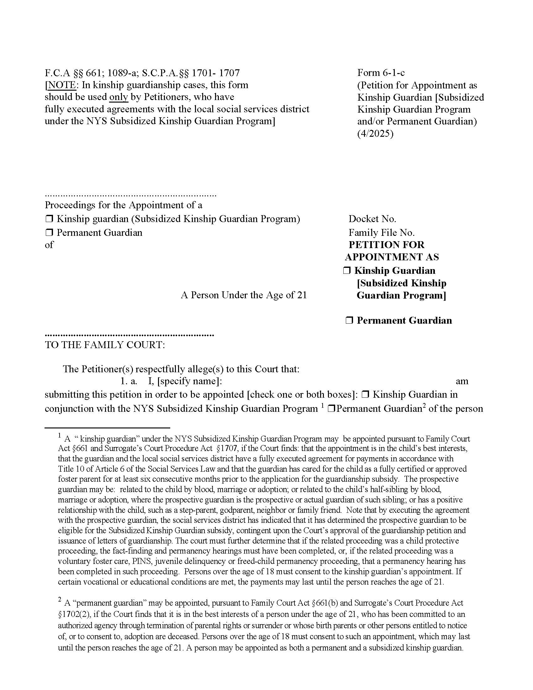 Petition For Appointment As Kinship Guardian [Subsidized] And-Or Permanent Guardian {6-1-c} | Pdf Fpdf Docx | New York